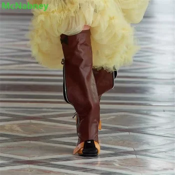 Многоэлементные цветни обувки, Новост 2022 г., ботуши до коляното на не сужающемся надолу масивна ток със страничен цип, Модни Дамски обувки Ръчна изработка с квадратни пръсти и Нитове