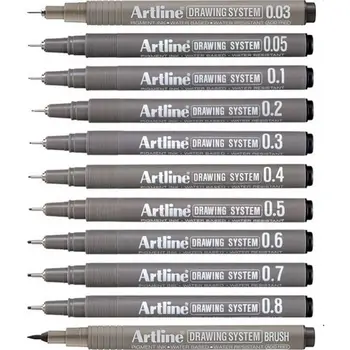 Техническа писалка за рисуване Artline Drawing System вече има 11 различни дебелини 0,1 мм, 11 четки с пълен набор от