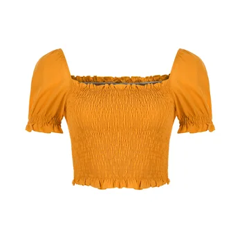 Летни супер-къси Блузи, Обикновена Пуловери с къдри, с пищни ръкави, с деколте лодка, на Женската Риза, Тънка Секси дрехи Kawaii2021