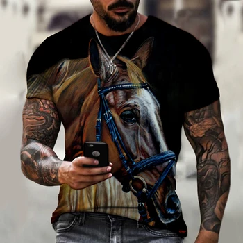 Лятна мъжка тениска за конни надбягвания, бяла риза с Коне, мъжки Модни готина тениска с 3D Принтом за конни Надбягвания, Тениска размер на Плюс в стил Харадзюку