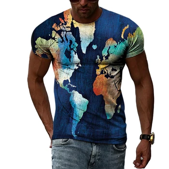 Лятна Творческа тениска с 3D-принтом и Карта на света, Мода мъжка тениска с кръгло деколте и Къси ръкави в стил Харадзюку, Всекидневни Топ Оверсайз за фитнес XXS-6XL