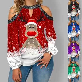 Нов Модерен Коледен Топ с принтом Лосове, Топ с открити рамене, тениски с Дълъг ръкав, Ежедневното Женствена Рокля с Кръгло деколте