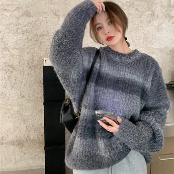 Ретро Японски дебел пуловер, свободна мързелива дамски връхни дрехи, градиентный цвят, зимна нов дамски вязаный пуловер пуловер