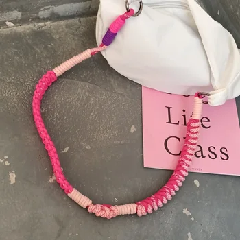 Въже за окачване на мобилен кабел Розови ивици Ключодържател Каишка Ръчно изработени Изящни калъф за телефон каишка Метален кръг с каишка за чанти