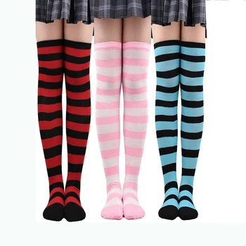 Дамски Модни Тънки Чорапи над Коляното, Сладки Чорапи Размер Плюс, Чорапи до Бедрото, За Момичетата с Дълги Памучни Чорапи в Ивица С Принтом