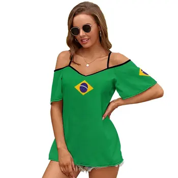 Женска Тениска с Флага на Бразилия, лятна Модна тениска с Флорални Принтом и V-образно деколте с Цип, кухи Пуловер, дамски Топ, Бразилски