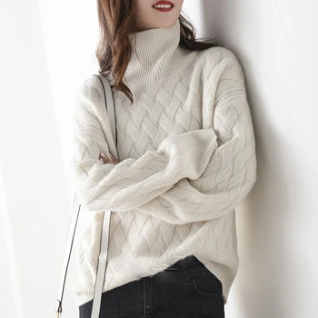 Дамско яке вълнена плюс размер вязаный пуловер, поло плътен цвят свободни пуловери увеличават удебеляване на топлина женски пуловер