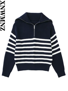 XNWMNZ 2022 пуловер с дълги ръкави и ревера на мълния, женски-шарени пуловер 2022, есен Нов пуловер, корейски ретро модерен трикотажный топ