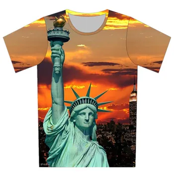 Joyonly/ 2018 Лятна детска Модна тениска със Статуята на Свободата, Цветна тениска с принтом Града на Галактиката, Забавни тениска за момчета и момичета, Стръмни Върхове